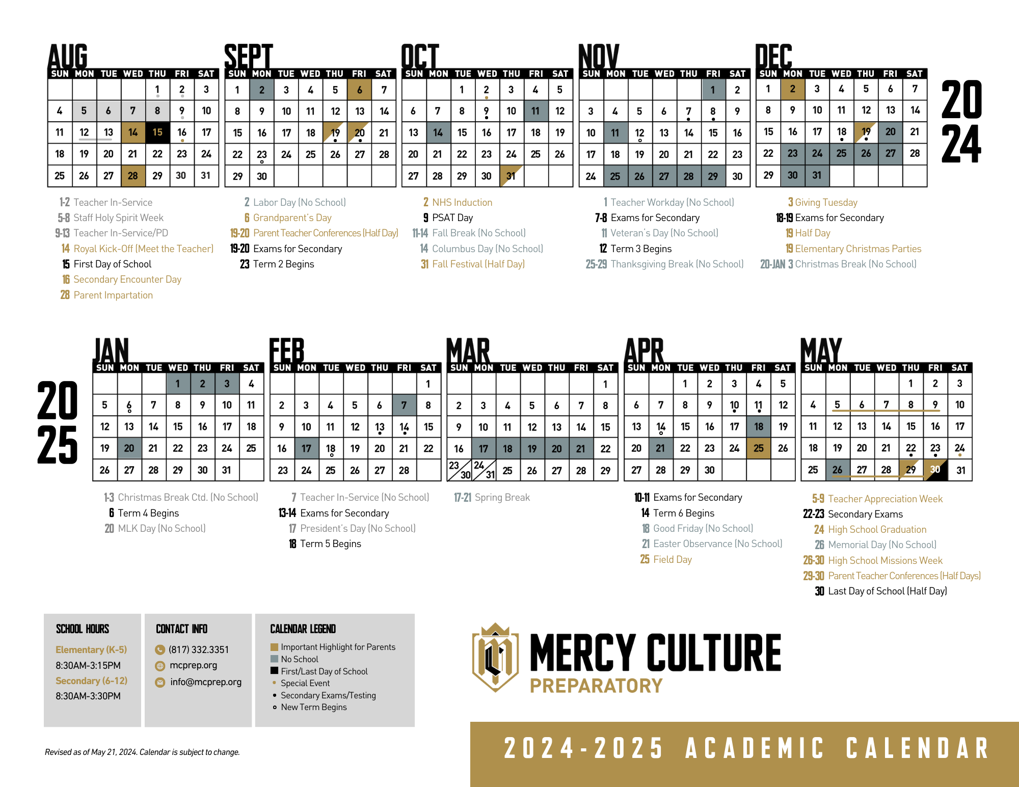 Academic Calendar Mercy Culture Preparatory